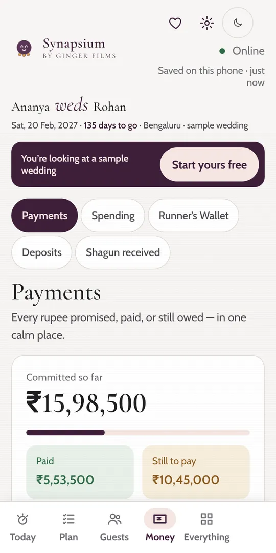 Money screen in Synapsium showing committed, paid and still to pay