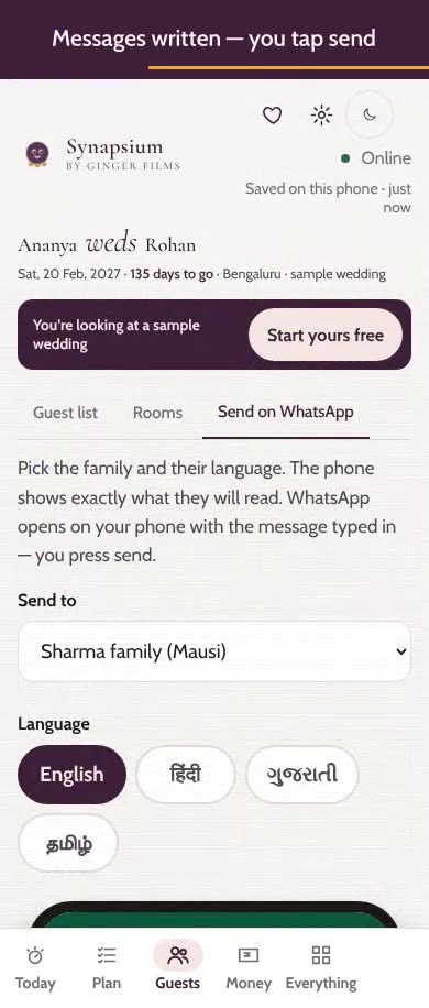 Send on WhatsApp screen in Synapsium with language choices