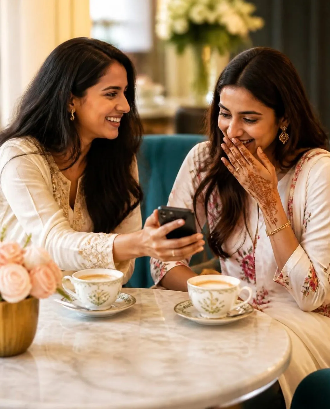 Two friends laughing over a phone at a cafe