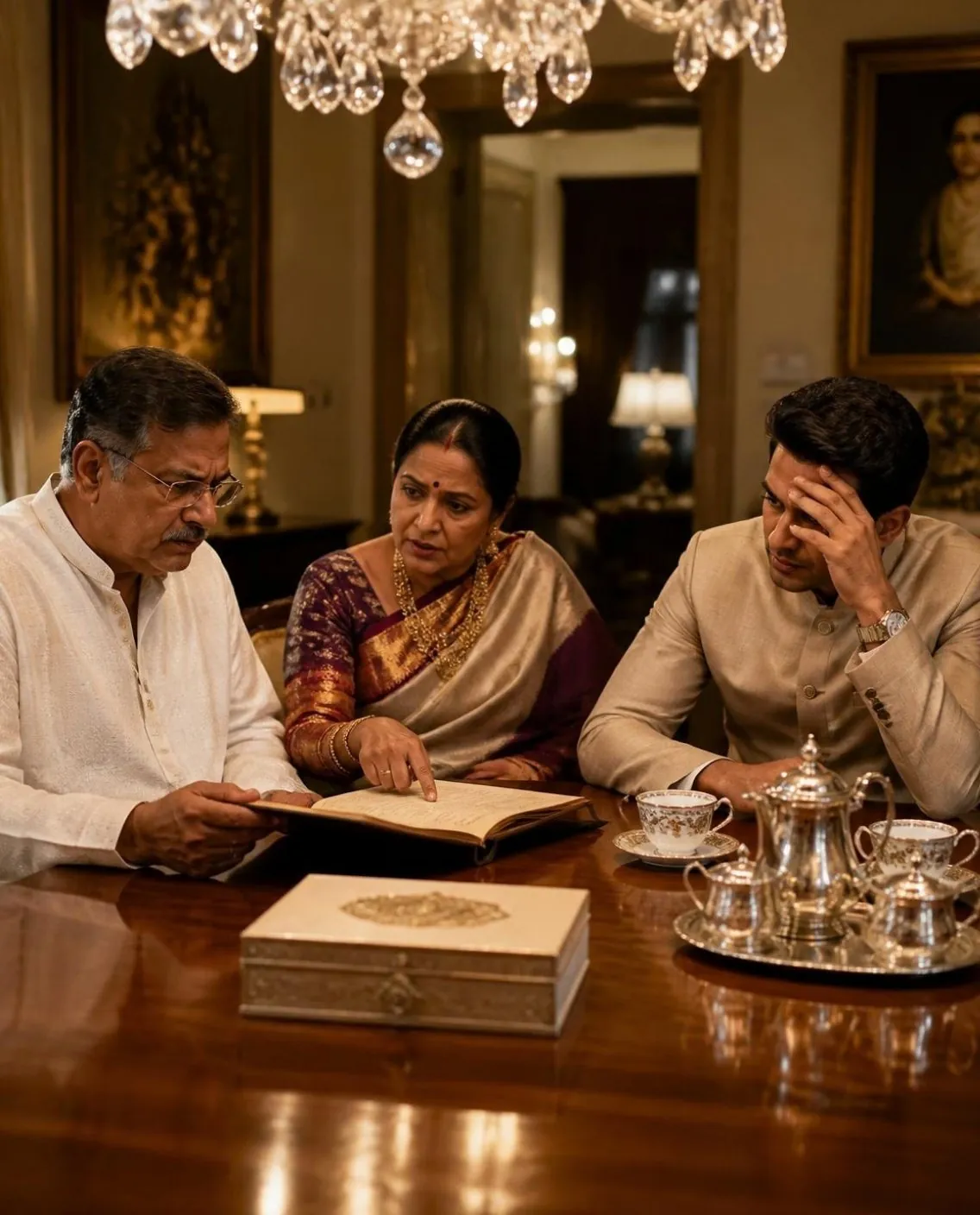 Parents and the groom going through a wedding ledger at the dining table