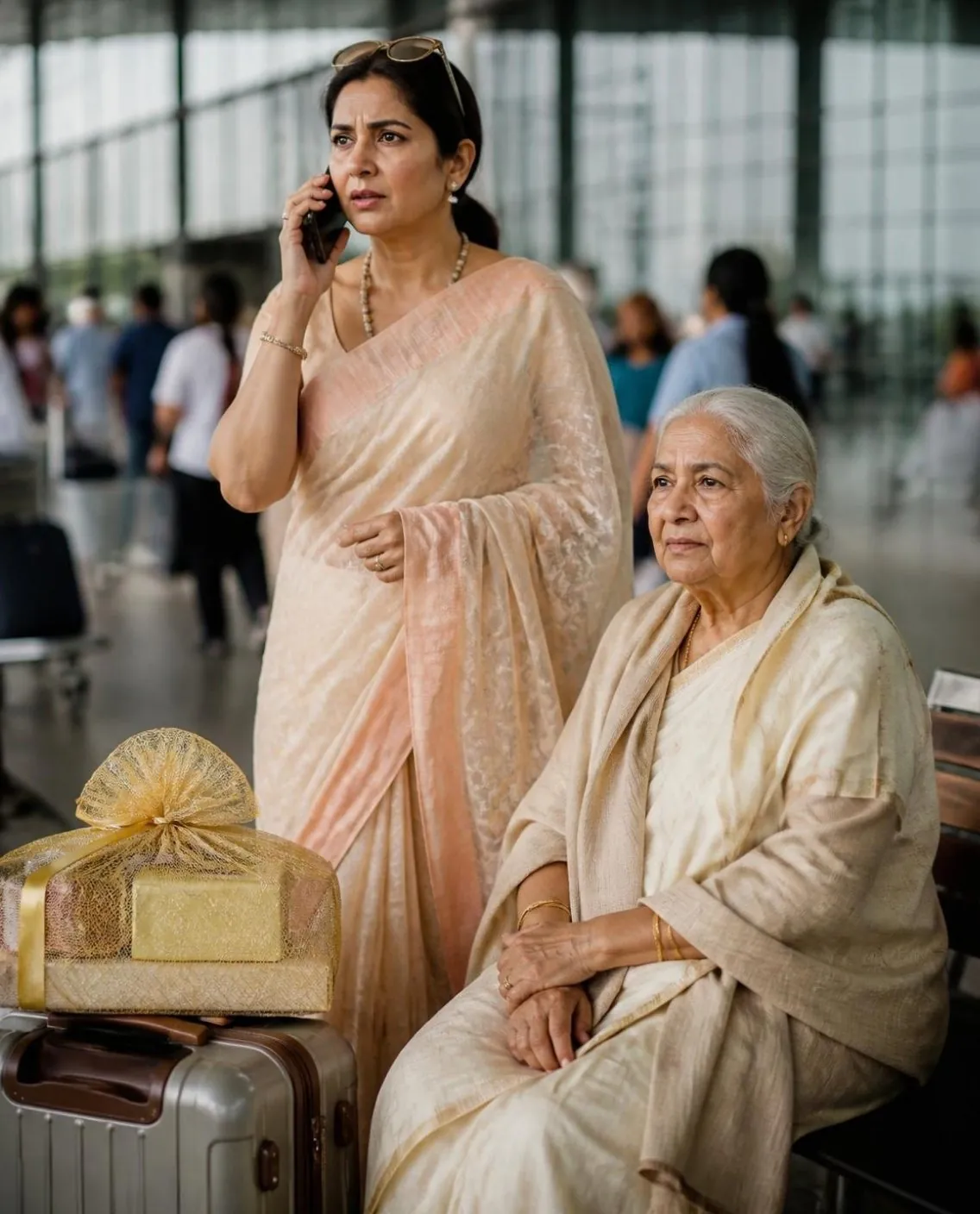 A mother on a call at a railway station, her elderly mother waiting beside the luggage