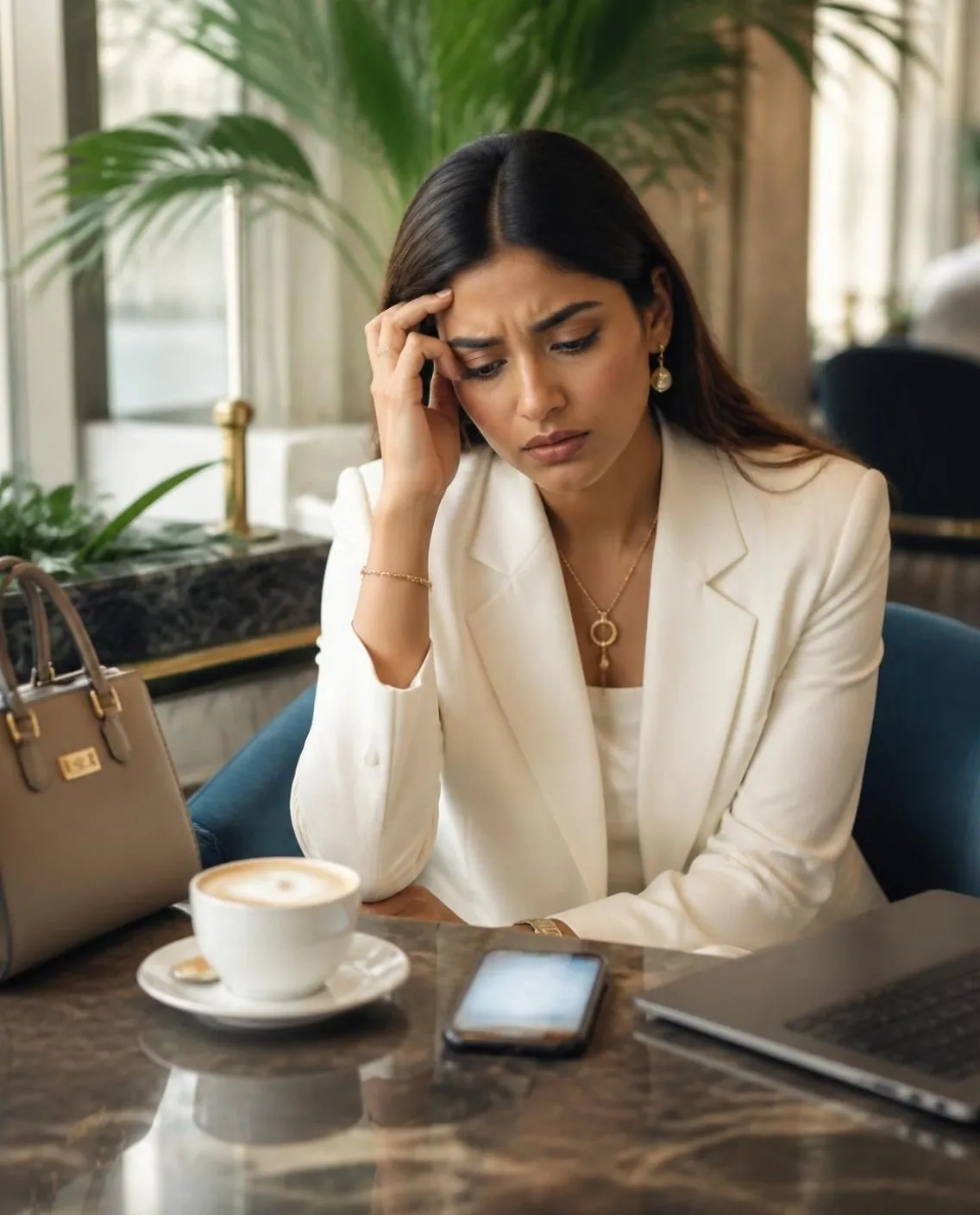 A bride-to-be holding her head, her phone face-down beside her coffee