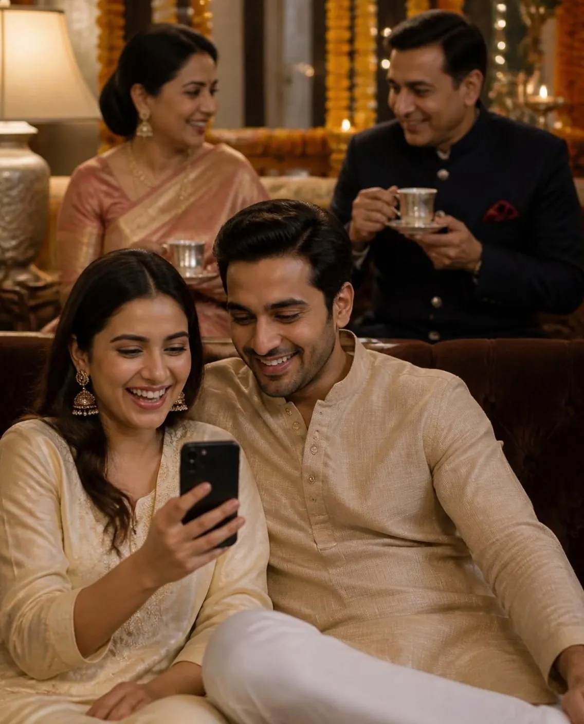 A couple laughing over their phone while their parents relax behind them